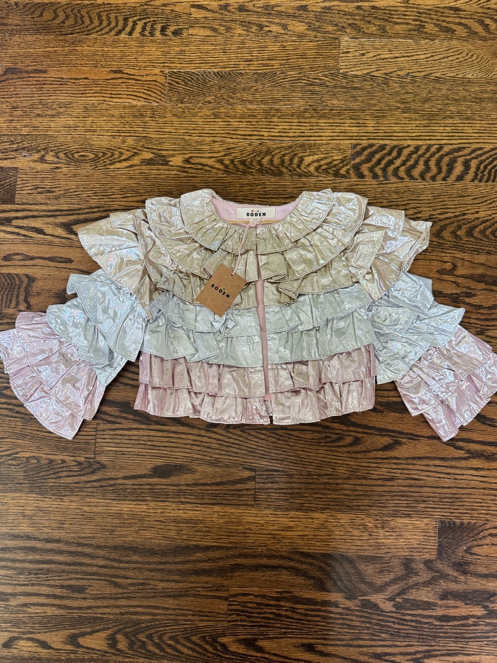 NWT! Size 4-5 Mini Boden Metallic Tiered Ruffle Lightweight Jacket